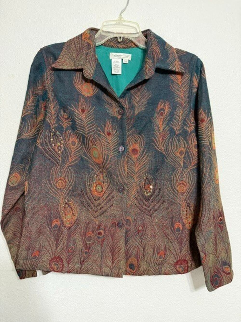 Coldwater Creek Women's Peacock Feather Beaded Jacket Blazer-Size XS